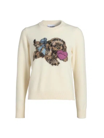 Ganni Women's Puppy Love Crewneck Sweater In White