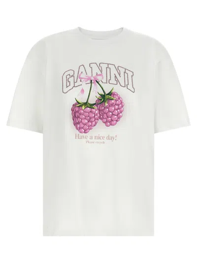 Ganni Cotton Crew Neck Graphic Print T-shirt In White