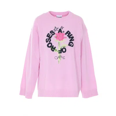 Ganni Women Ring Of A Roses Print Logo Sweater In Pink