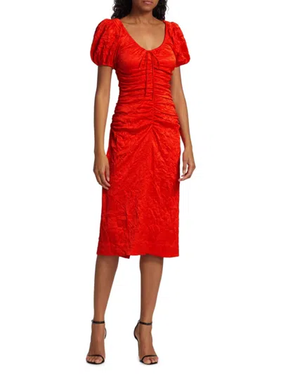 Ganni Short Sleeve Red Crinkled Satin Midi Dress In Grenadine