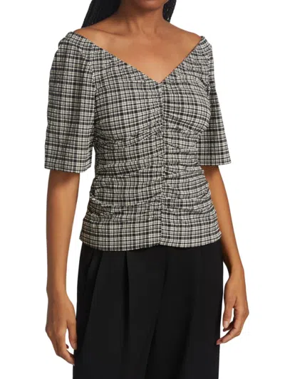 Ganni Women's Ruched Gingham Check Blouse In Black Multi