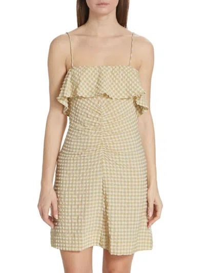 Ganni Ruched Gingham Seersucker Mini Dress In Pale Khaki