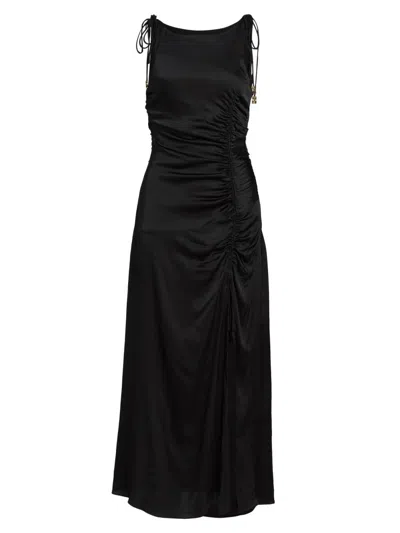 Ganni Satin Dress With Asymmetrical Hem And Ruched Accents In Black