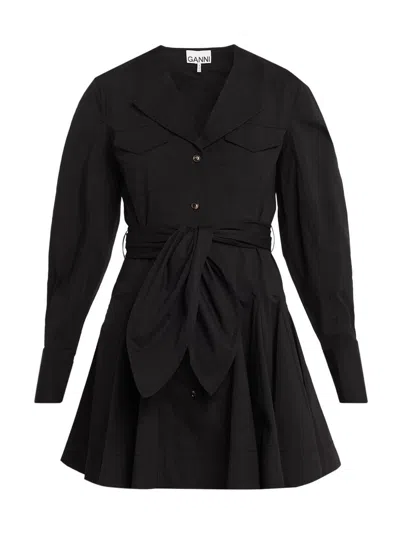 Ganni Belted Stretch Cotton Mini Dress In Black