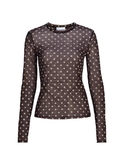 Ganni Women's Sheer Polka Dot Jersey Long-sleeve Top In Brown