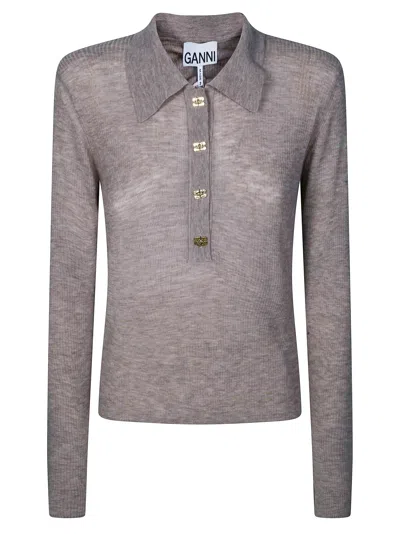 Ganni Women's Sheer Wool Ribbed Polo In Beige