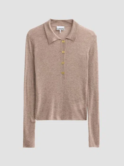 Ganni Women's Sheer Wool Ribbed Polo Sweater In Brown