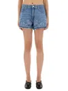Ganni Embroidered Frayed Hem Shorts With Pockets And Loops