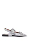 Ganni Silver Slingback Ballet Flat Shoe With Buckles In Silver