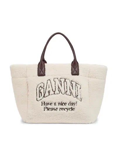 Ganni White Shearling Small Tote In Neutral