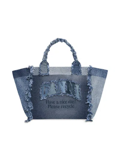 Ganni Women's Small Trapeze Logo Denim Shopper Tote Bag In Blue