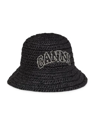 Ganni Women's Straw Logo Bucket Hat In Black