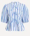 Ganni Blue Striped Cotton Poplin Peplum Tie Blouse