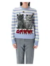 Ganni Light Blue Crewneck With Maxi Logo Print On The Front And All-over Striped Motif In Stripe Blue