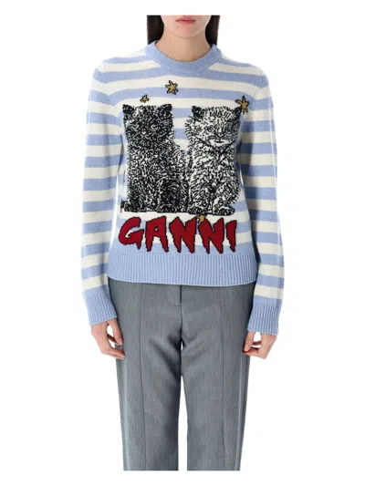 GANNI WOMEN'S STRIPED GRAPHIC CAT JUMPER SWEATER