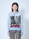 Ganni Light Blue Crewneck With Maxi Logo Print On The Front And All-over Striped Motif In Multi