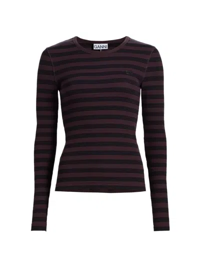 Ganni Women's Striped Stretch-cotton Long-sleeve Top In Brown