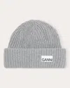Ganni Womens Logo-patch Wool-blend Beanie Hat Paloma Melange In Grey