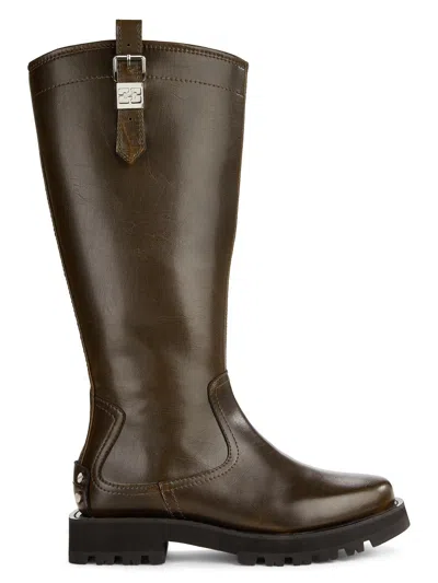 Ganni Women's Studs Crinkle Faux-leather High Boots In Green