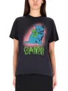 Ganni Neon Kitty Organic Cotton T-shirt In Black