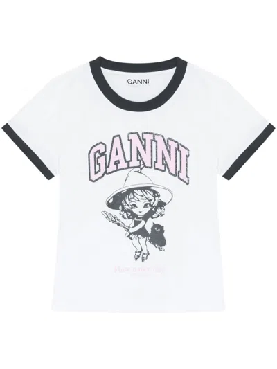 Ganni White T-shirt With Lettering Logo And Front And Back Print
