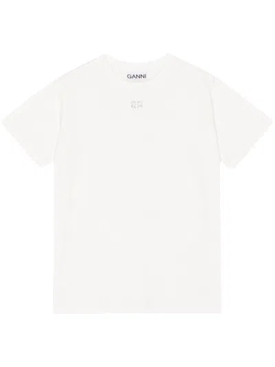 Ganni Rhinestone Logo Embroidery T-shirt In White