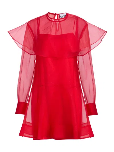 Ganni Women's Textured Organza Cape Minidress In Red