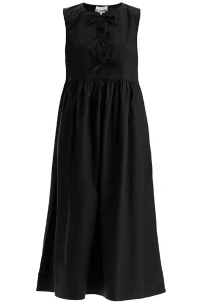 Ganni Tie String Poplin Dress In Black