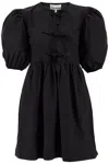 Ganni Tie String Cotton Poplin Mini Dress In Black