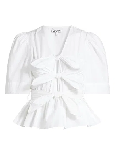 Ganni Ruffled Blouse With Deep V-neck And Puff Sleeves In White