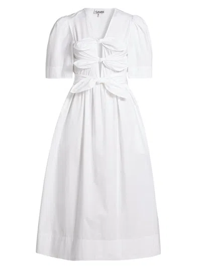 Ganni Ruched Checked Stretch Recycled-seersucker Mini Dress In White