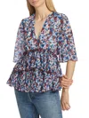 Ganni Pleated Blouse With Floral Motif In Blue Multi