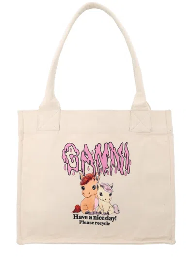 Ganni Women Tote Bag With Print In Neutral