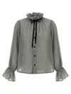 Ganni Vichy Print Shirt With Ruffled Collar In Gray