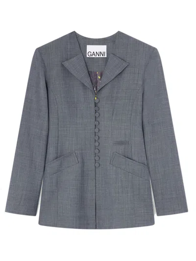 Ganni Women's V-neck Button-front Wool Blend Jacket With Back Slit Pockets In Grigio