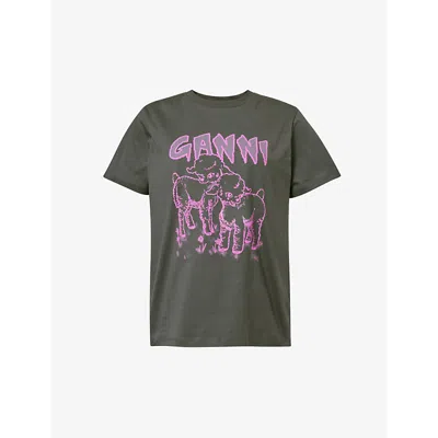 Ganni Womens Volcanic Ash Lambs Graphic-print Organic-cotton T-shirt