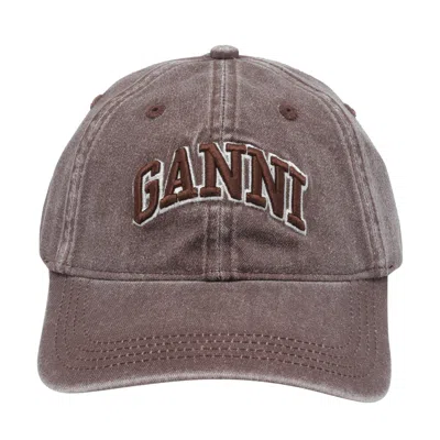 Ganni Women Washed Canvas Cap In Brown