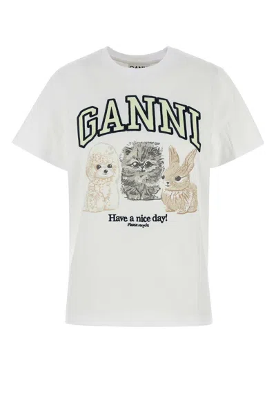 Ganni Women White Crewneck T-shirt With Maxi Logo On The Front In Cotton Woman In Multi