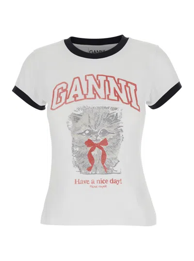 GANNI GANNI WOMEN WHITE CREWNECK T-SHIRT WITH MAXI PRINT ON THE FRONT IN COTTON WOMAN