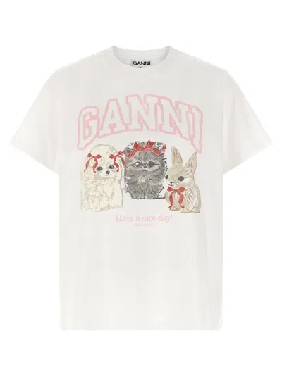Ganni Graphic Print Crew Neck Short Sleeve Top In White