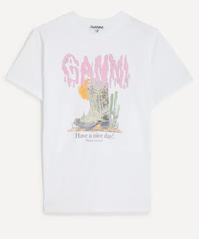 Ganni Graphic Print Relaxed Fit Short Sleeve Top In White