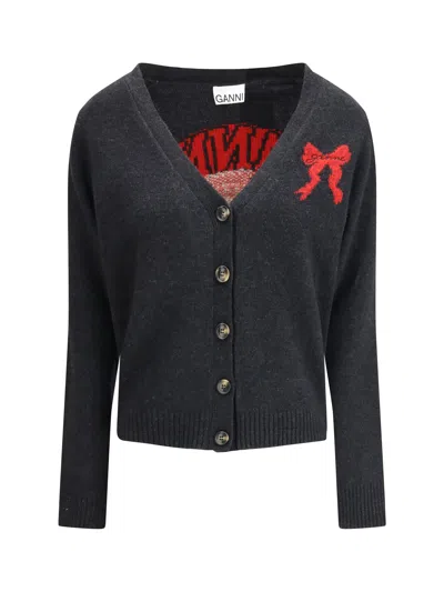Ganni Dark Grey Wool Blend Cardigan Women In Gray
