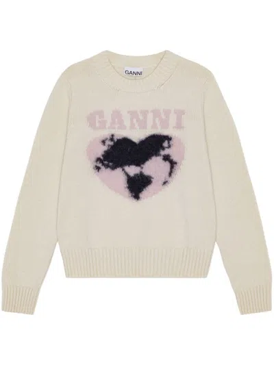 Ganni Beige Wool Sweater With Front Heart And Logo
