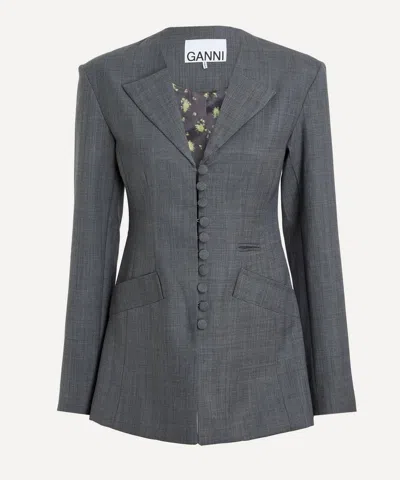 Ganni Women's Wool Melange Suiting Long Button Blazer In Gray