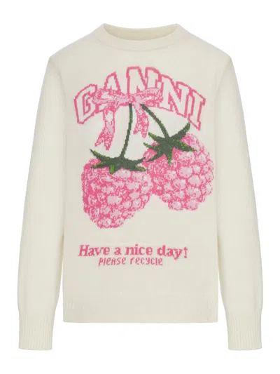 Ganni Women Crewneck Sweatshirt With Raspberries Print In Neutral
