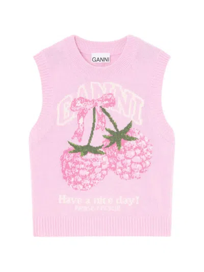 Ganni Sleeveless Crew Neck Knitwear Graphic Design In Pink
