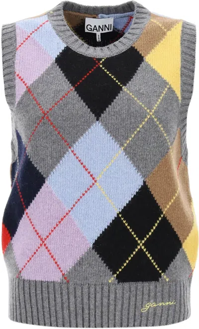 Ganni Women's Wool Vest With Argyle Pattern | Size Medium | K2101 In Multicolor