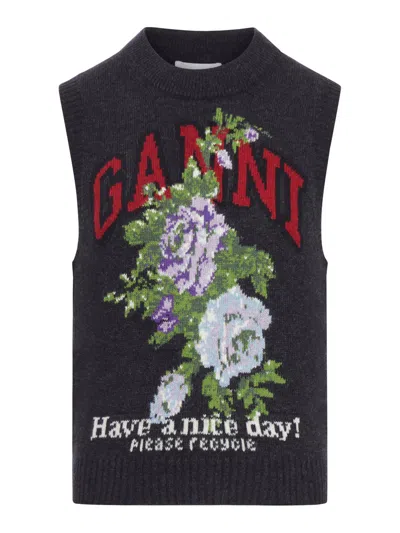Ganni Women Wool Vest With Print In Multi