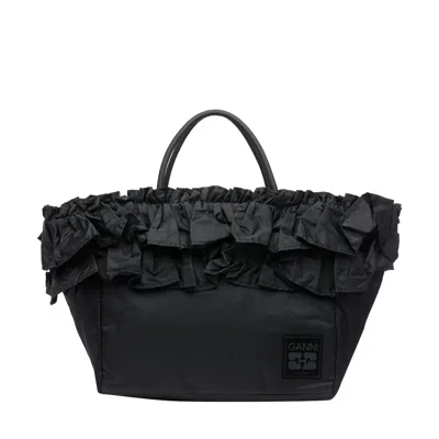 Ganni Women Xxl Ruffle Shopping Bag With Logo In Black