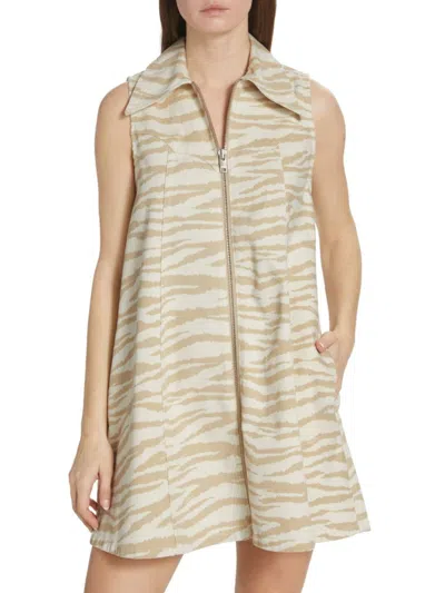 Ganni Women's Zebra Print Denim Mini Dress In Pale Khaki